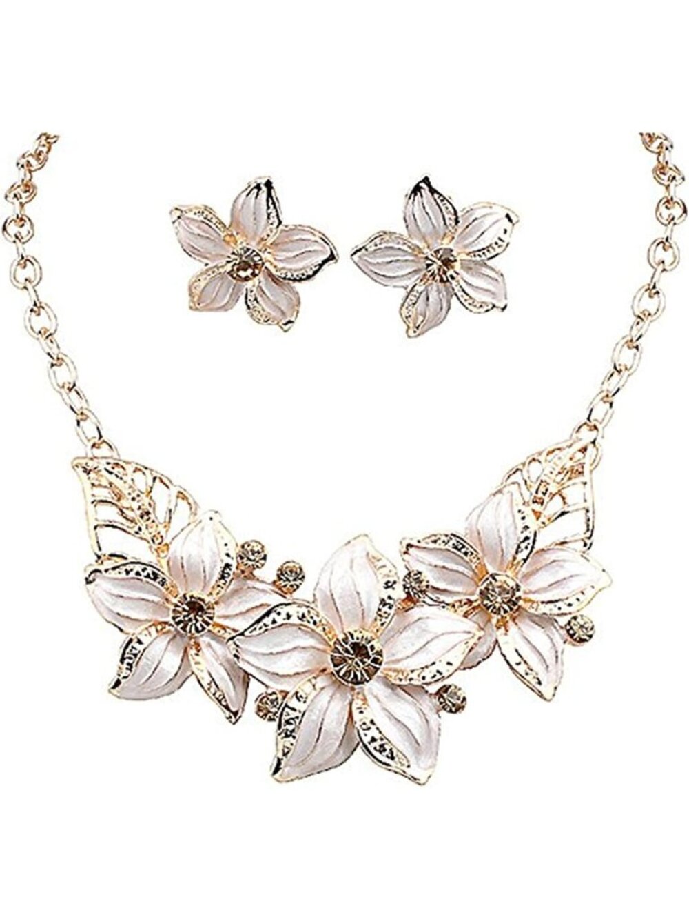 Women’s White Rhinestone Crystal Flower Necklace Earrings Jewelry Set Fashion